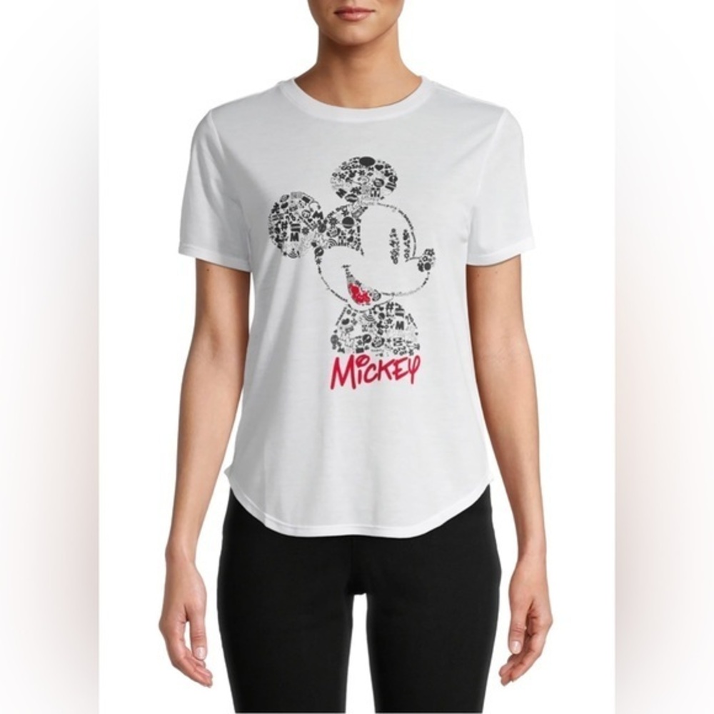 Disney Mickey Mouse White Graphic Tee‎ Shirt Curved Hem XL 15-17